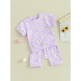 thumbnail image 3 of FEORJGP Toddler Girls Summer Daily Outfit Infant Baby 3M 6M 1T 2T 3T Short Sleeve T-shirt Crew Neck Shirt Daisy Print Tops Drawstring Shorts Sets Little Girl Cute Loose Casual Clothes, 3 of 9