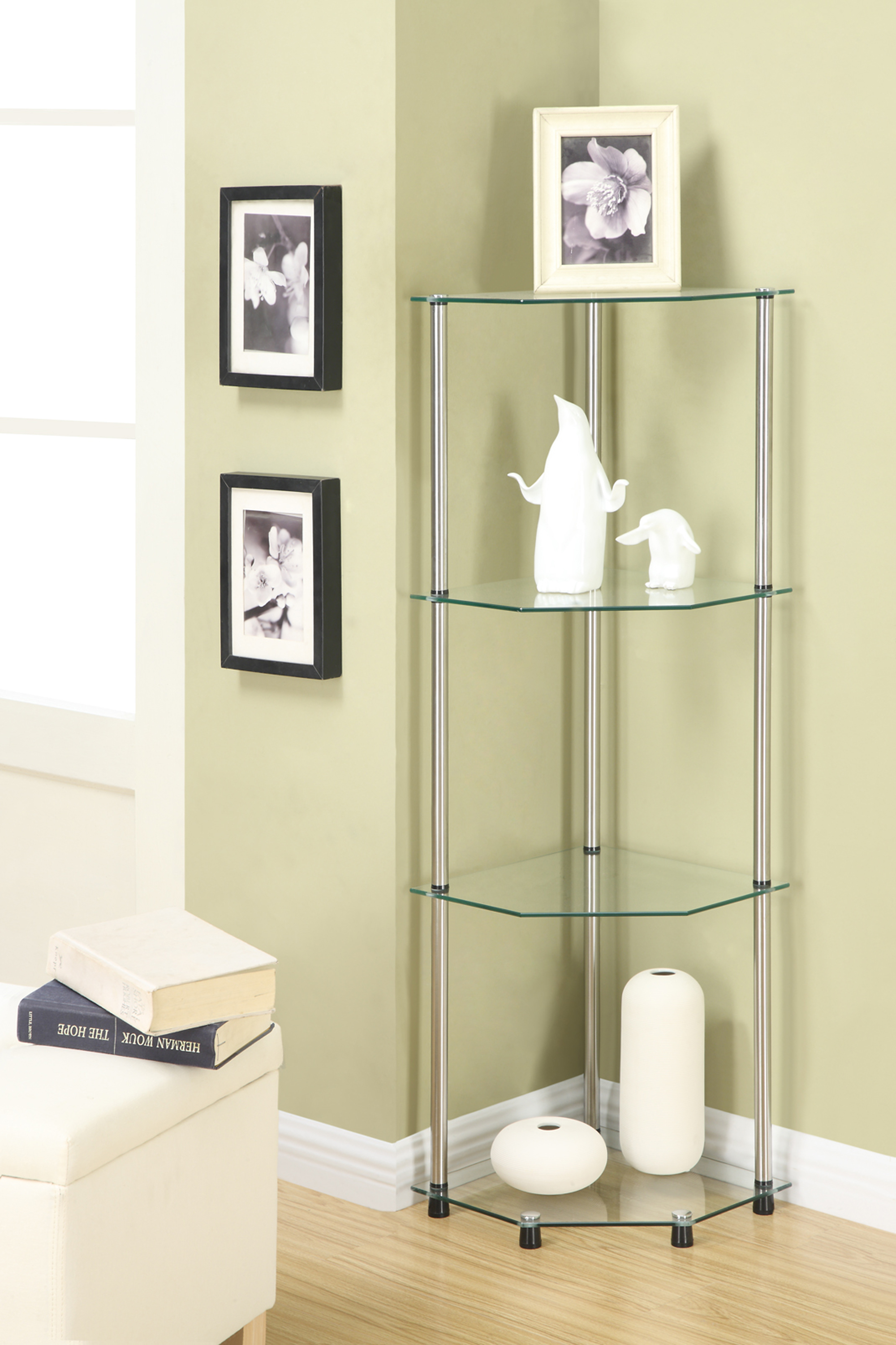 Modern Acrylic Corner Shelf – Clear, Chrome Fittings, 15x15 Inches, Cascading Style