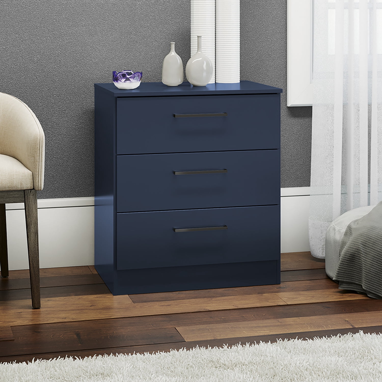 Kappesberg Jolyne 3-Drawer Vertical Dresser, Blue with Black Handles – Modern Bedroom Storage for Adults and Teens