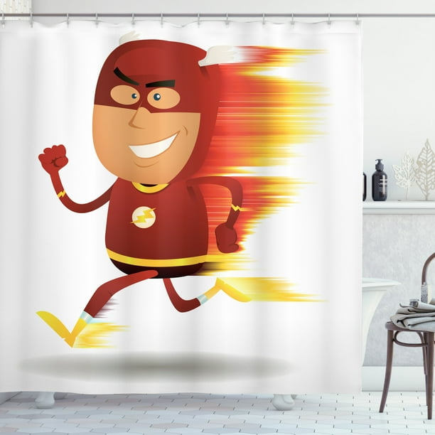Superhero Shower Curtain Lightning Bolt Man With Cape And Mask Fast Fun Cartoon Character Artwork Print Fabric Bathroom Set Hooks 69w X 84l Inches Extra Long White Red By Ambesonne Superhero Shower Curtain Lightning, Superhero Shower Curtain Fabric Waterproof
