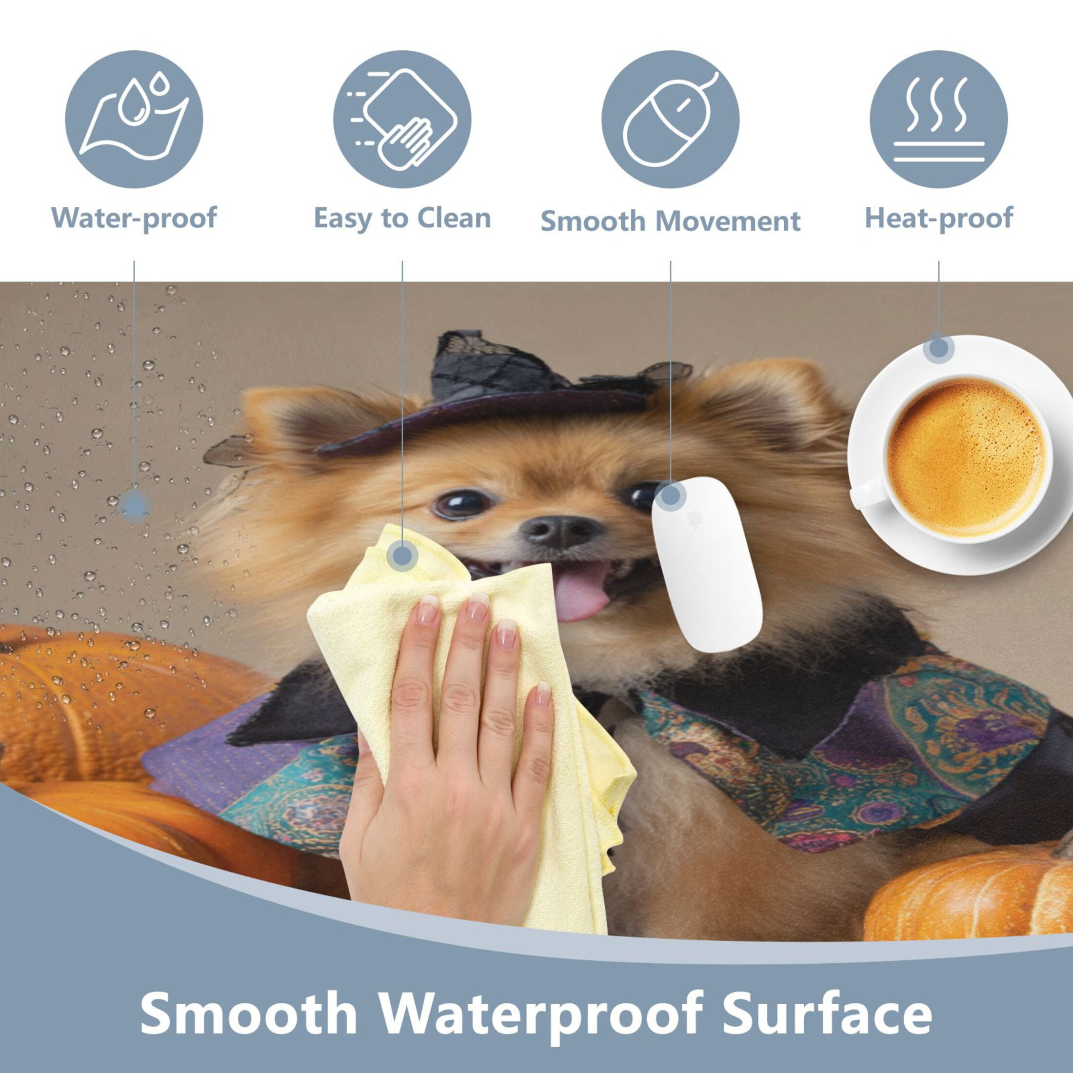 Leather Keyboard and Mouse Desk Mat Office Desk Accessories Protective Office Desk Decor Desk Pad Mat for Gaming, Work from Home, Office Cute Pomeranian Dog and Pumpkins 16.5" x 35.4"