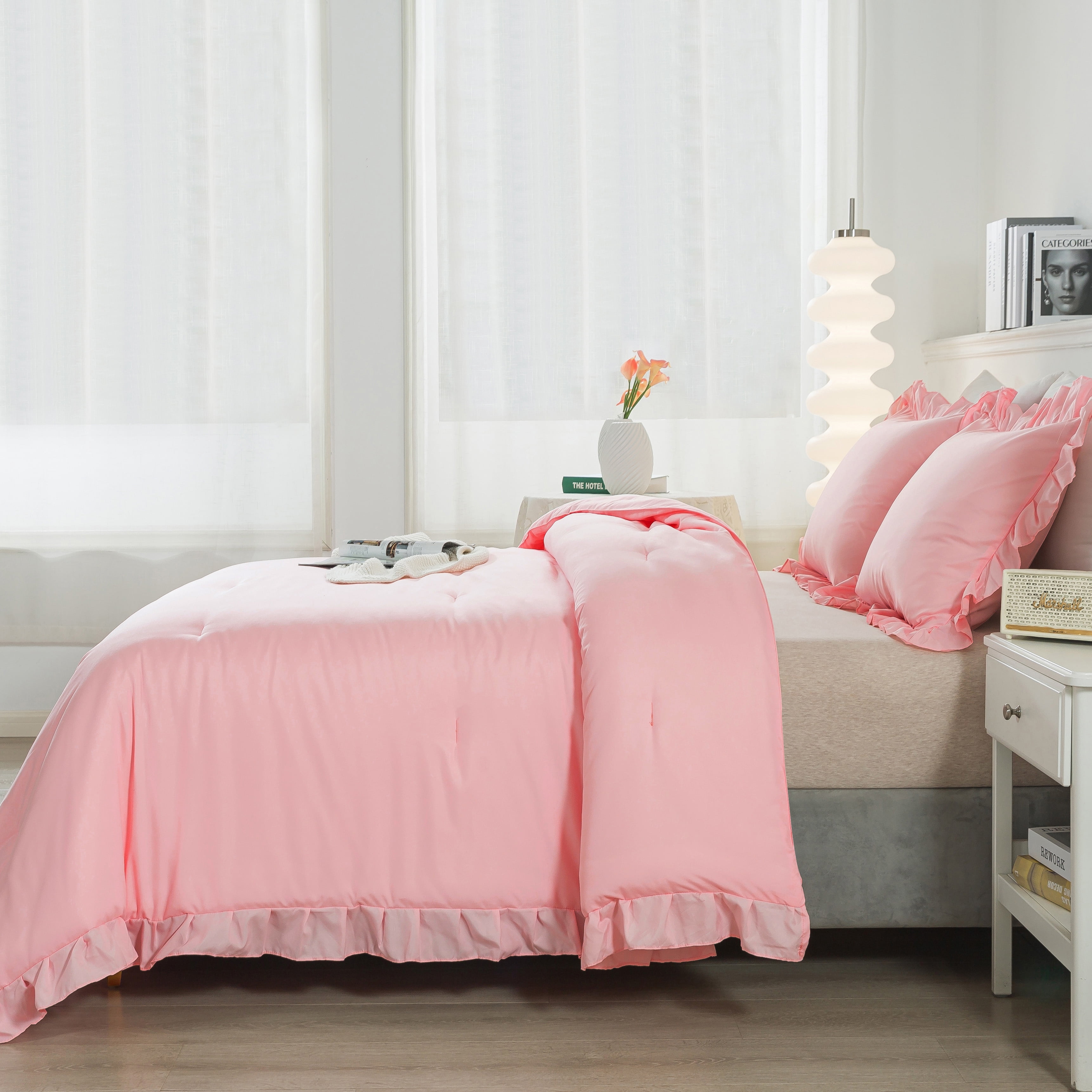 ANGENIA Pink Full Size Comforter Set, 3 Pieces Solid Farmhouse Ruffle Bedding Comforter Set, All Season Soft Lightweight Microfiber Bed Set for Women Girls