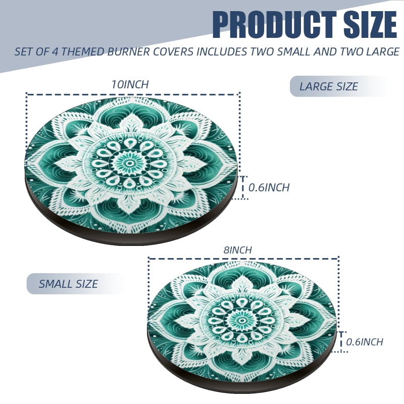 Metal Burner Covers for Electric Stove, Turquoise Mandala with Intricate White Patterns Durable Round Gas Stove Burner Covers Set of 4, 8 Inches and 10 Inches