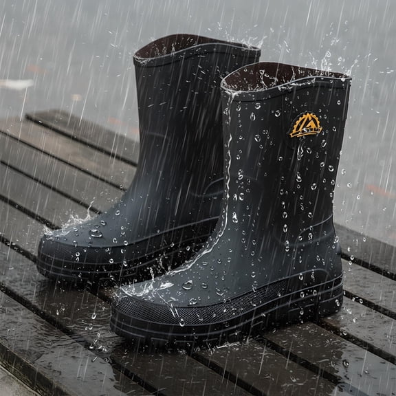 Liyufly Rain Boots for Men, Non-Slip Waterproof Rubber Boots Outdoor Garden Mid Calf Muck Work Shoes Rainboots for Fishing Climbing, Black, Size 7.5