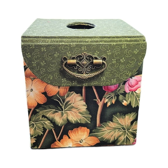 Fabric Covered Tissue Box Holder and Cover, Elegant Home, Bath or Bedroom Decor, Dark Olive Green and Vivid Jungle Flowers