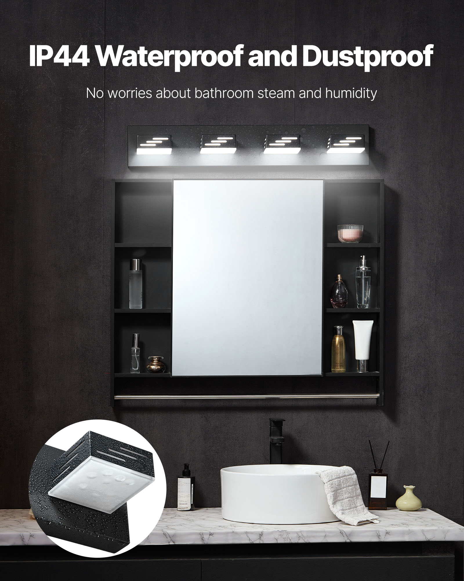 VEVOR 4-Light LED Modern Vanity Light Fixtures,25.59-Inch,Black Finish Bathroom Wall Lighting Fixture Over Mirror, with IP44 Waterproof, for Bathroom, Living Room, Bedroom, Hallway, Cool White 6000K
