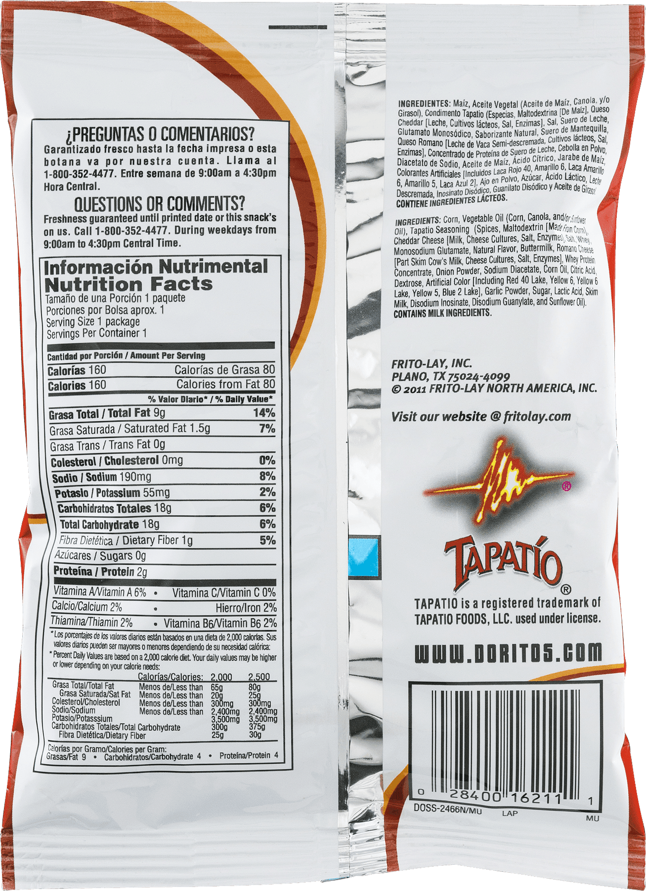 Doritos Tapatio Flavored Tortilla Chips Prepriced 2/$1 1.125 oz. Bag