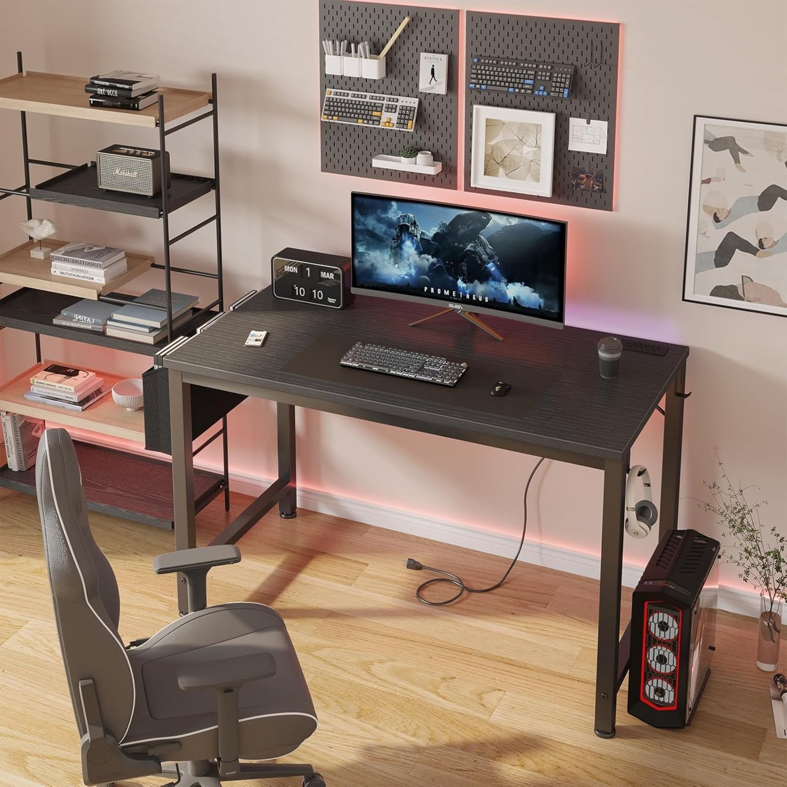 JEZWX Gaming Desk with Power Outlet and Charging Station, 47 Inch Teen Study Table, Home Office Writing Computer Desk, Black