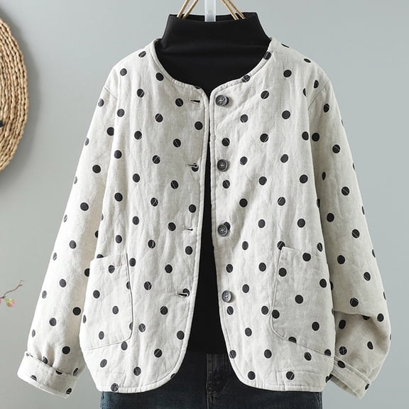 Pounoo Winter Coats for Women Chinese Style Buckle Linen Cotton Padded Coat Polka Dot Stand Collar Long Sleeve Warm Wadded Jacket Gift