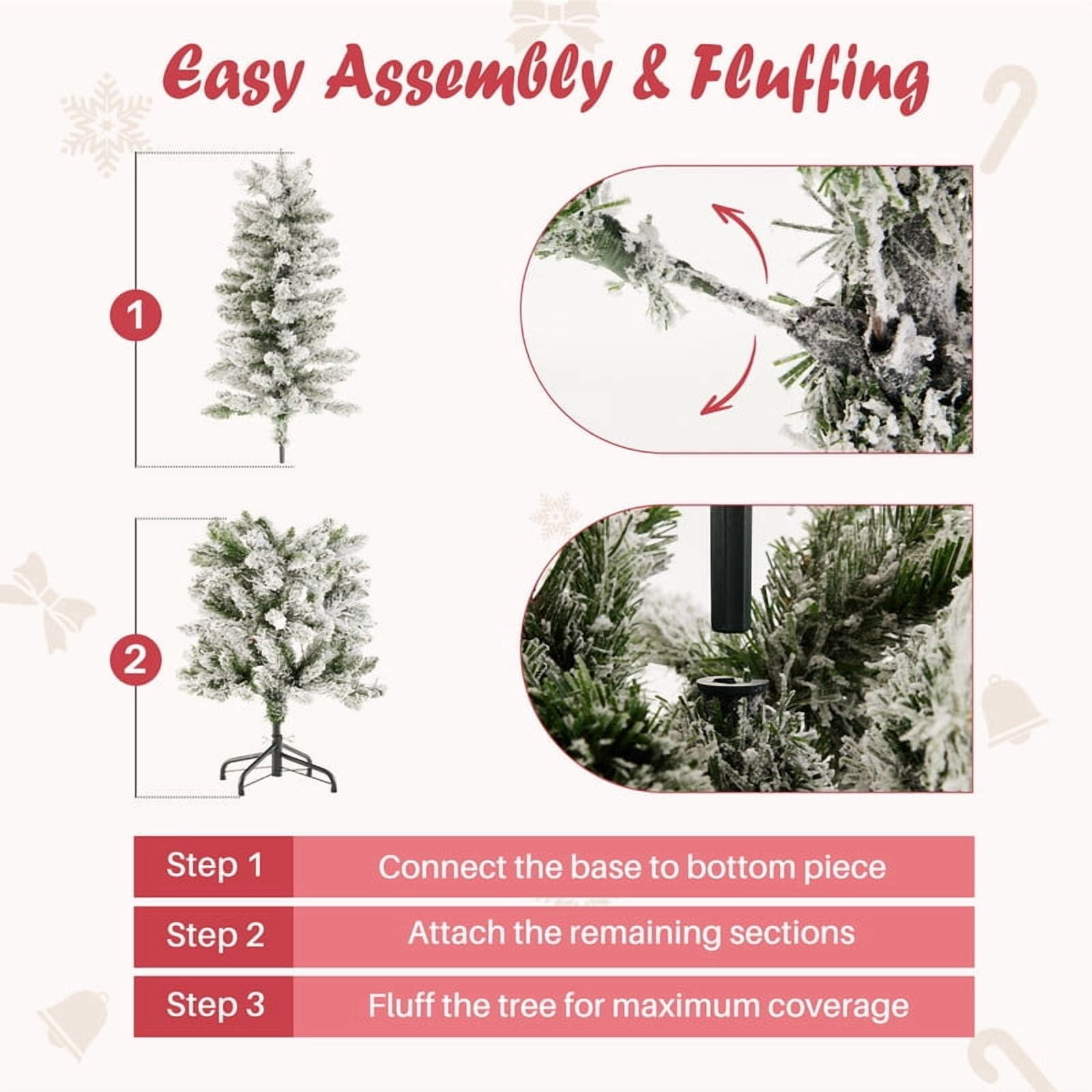 Gianna 4.5ft Snow Flocked Pencil Christmas Tree, Prelighted Artificial Slim Christmas Trees with 120 Incandescent Lights, 268 Branch Tips & Foldable Base for Home, Office, Party Decoration