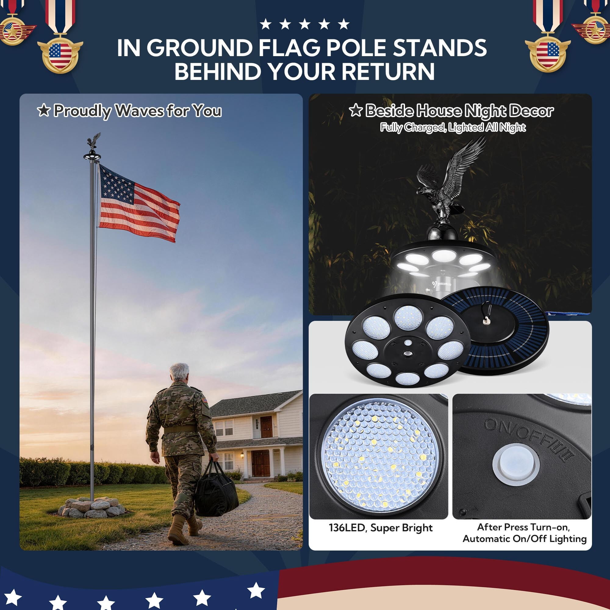 Yescom Bravery 25' Aluminum 13Gauge Sectional Flag Pole Kit w/ Solar Powered Light US Flag Eagle Topper for Outside House Outdoor