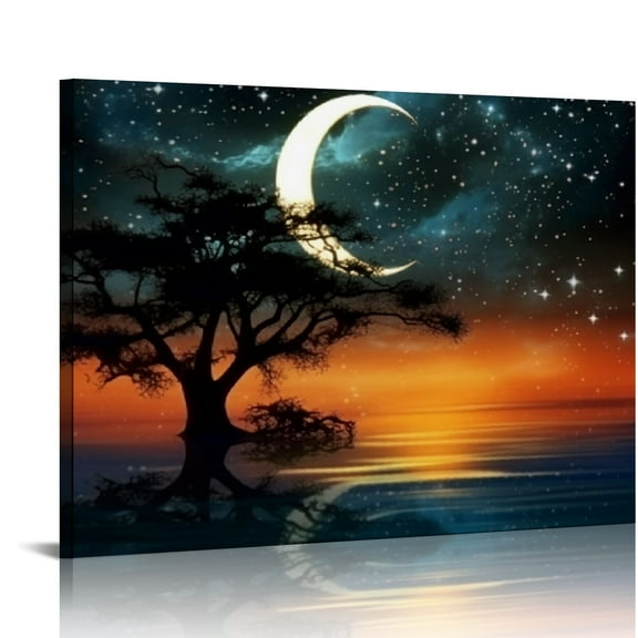 COMIO Moon Ocean Canvas Wall Art Abstract Night Scene Coastal Artwork Landscape Picture Prints Tree Decor