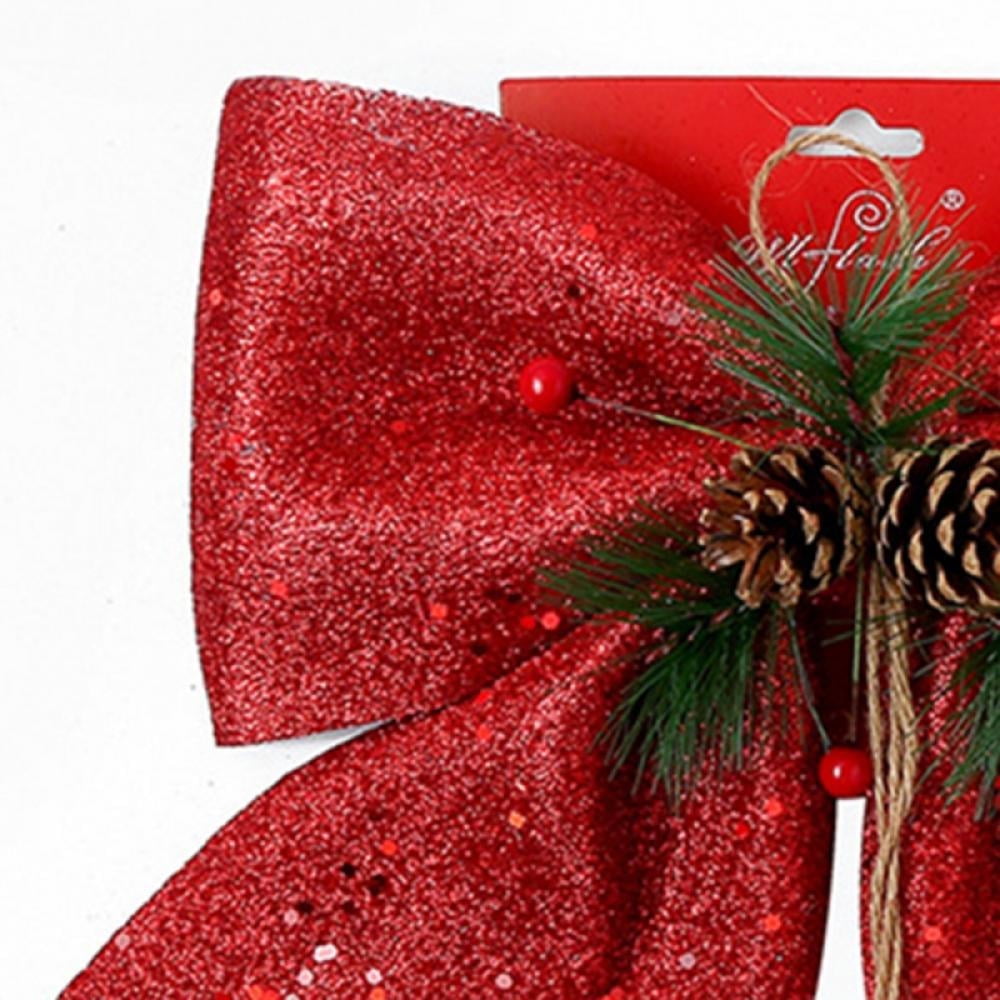 4pcs Christmas Decorative Bow Christmas Tree Glitter Bow Xmas Bows Ornament with Pinecone Red Bows for Wreath Garland Treetopper Christmas Party Gifts Home Indoor Decor 9.8 x 11.8in