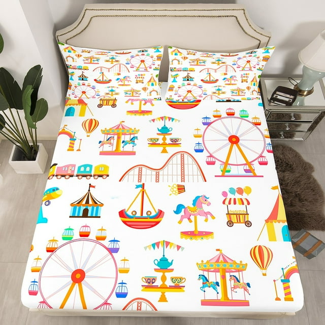 Parc d'Attractions Drap-Housse Orange Format Simple, Drap de Lit Train de Dessin Animé Grande Roue Carrousel Cheval Véhicule Ensemble de Literie pour Enfants Adultes Polyester Doux Poche Profonde Drap 2 Pcs, Sans Drap Plat du Dessus