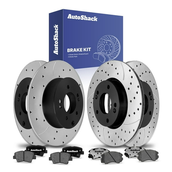 AutoShack Front & Rear Brake Rotors & Ceramic Pads for Kia, Soul 2012-2013, FWD L4 1.6L 2.0L - E-Coated Drilled & Slotted - ShadowGuard