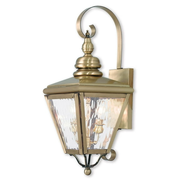 8.5 inch 2 Light Antique Brass Outdoor Wall Lantern Pendant Lighting Fixture with Clear Water Glass Shade backed with Hand Crafted Solid Brass material for patio, front porch, entryway and more