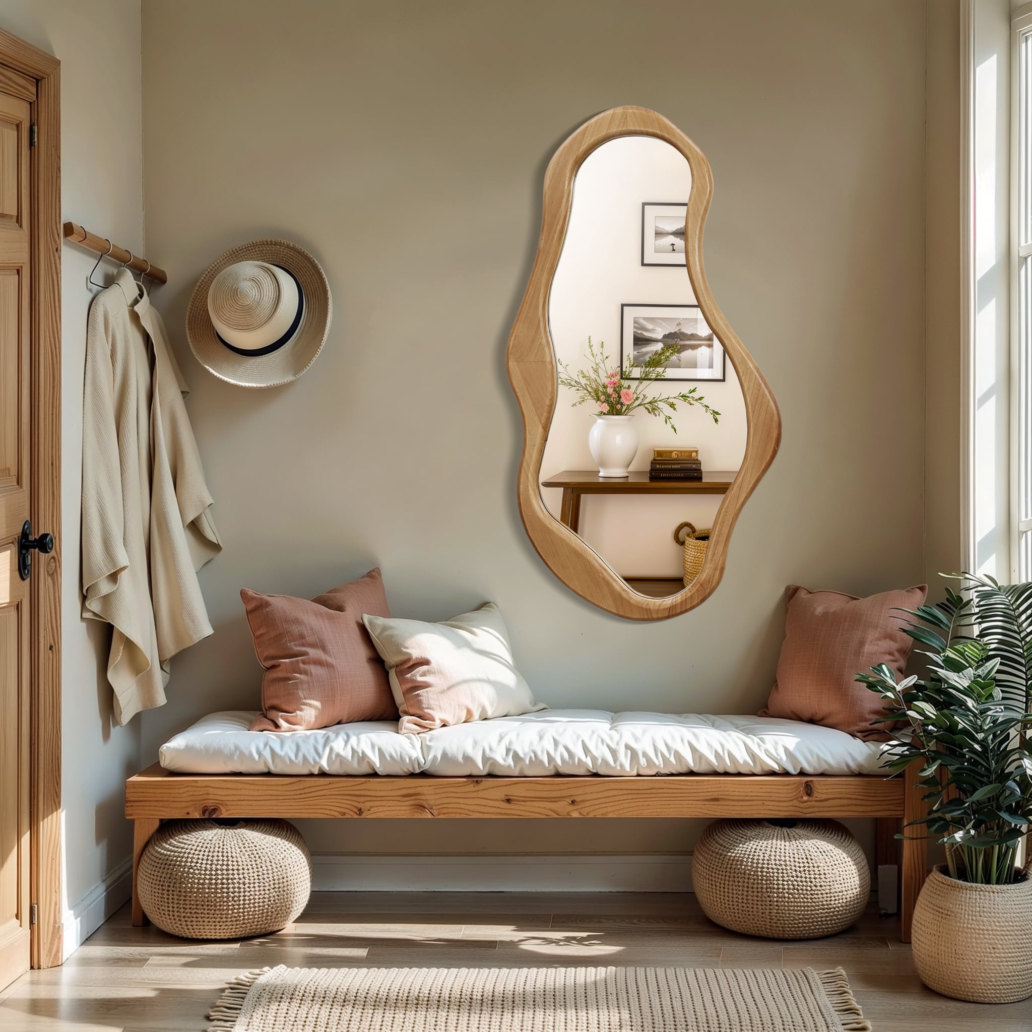 LuxenHome Natural Pine Wood Frame Irregular Oval Wall Mirror Decor Wall Mounted Accent Vanity Mirror