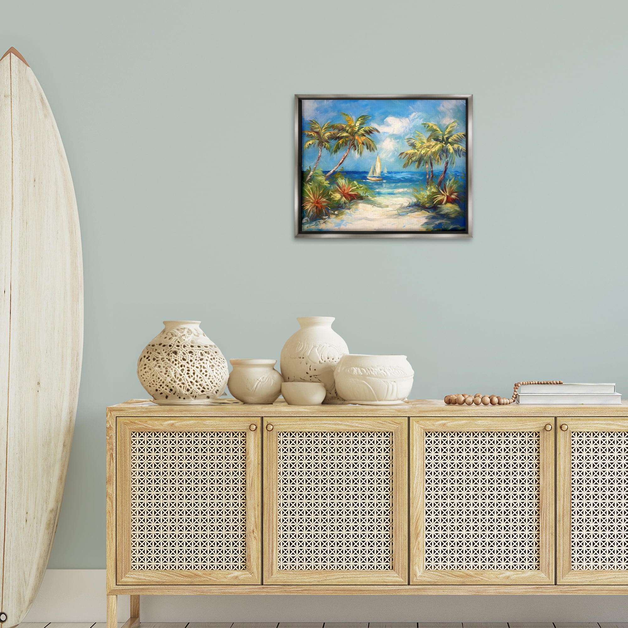 Stupell Industries Tropical Paradise Harbor Coastal Painting Gray Floater Framed Canvas Art Print Wall Art, 21 x 17