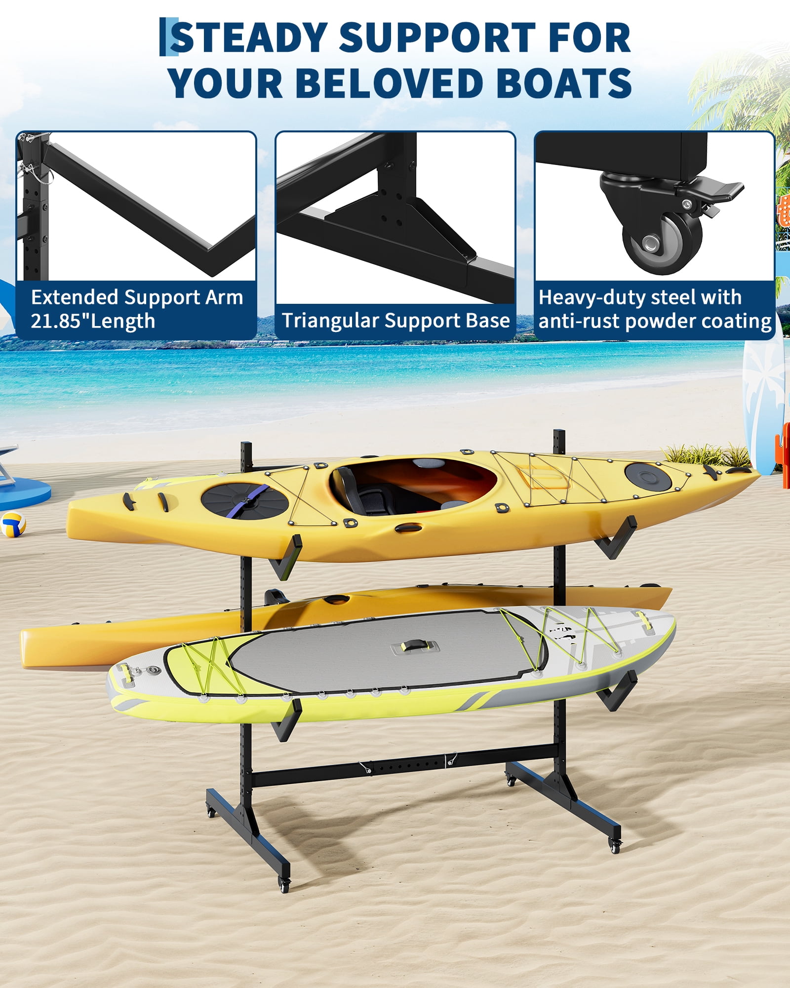 Mescukay Freestanding Kayak Storage Rack for 4 Kayaks, Kayak Racks for Outdoor Storage with Movable Wheels, Kayak Stand Heavy Duty Storage for Canoe, SUP and Surfboard