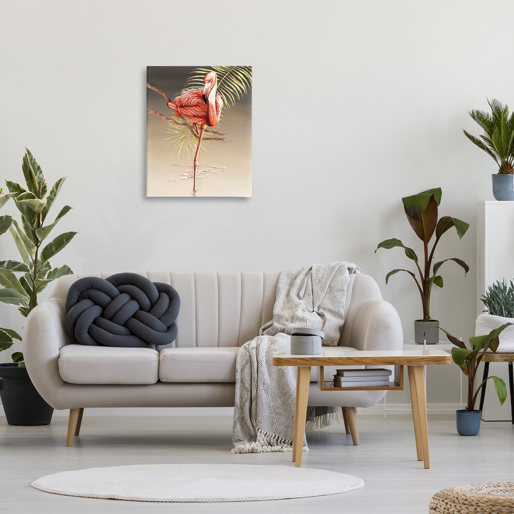 Stupell Industries Flamingo Balancing with Leaf Animals & Insects Painting Gallery Wrapped Canvas Art Print Wall Art, 24 x 30