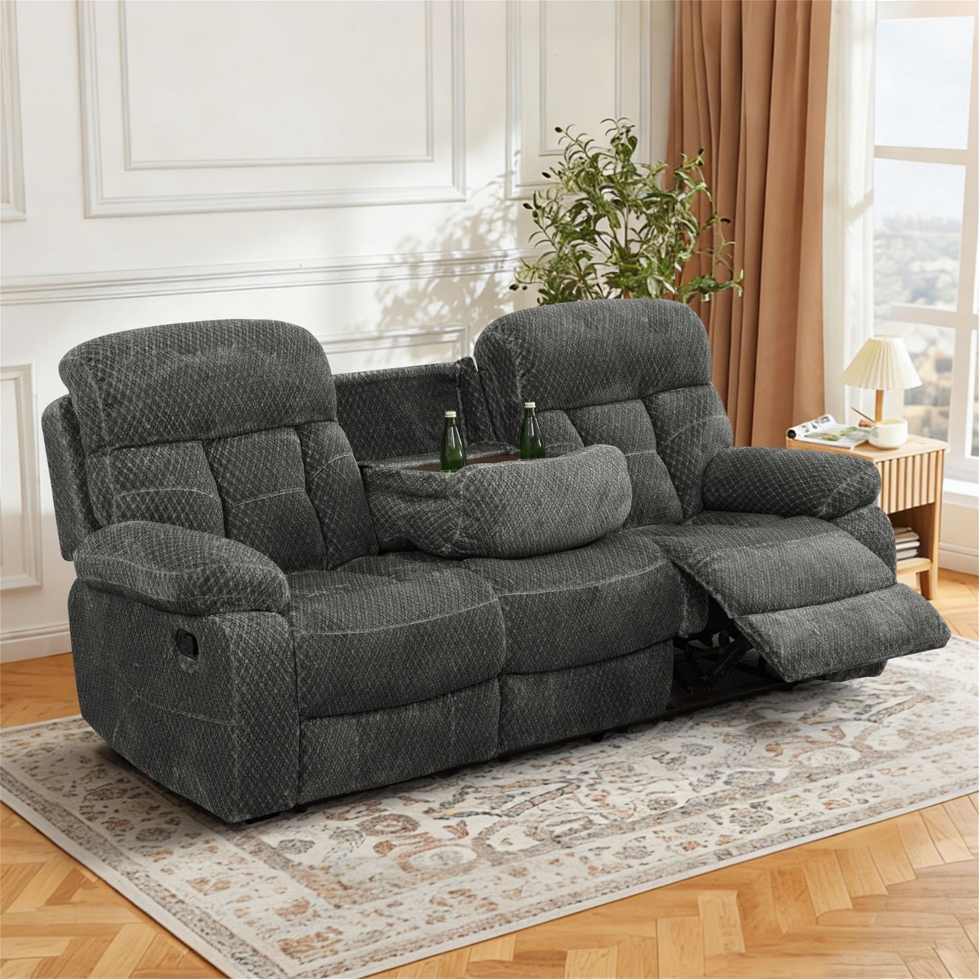 Aukfa 3-Piece Recliner Sofa Set - 87.5" 3 Seat Recliner w/ Flip Backrest Cupholder Console, Home Theater Seating, Gray