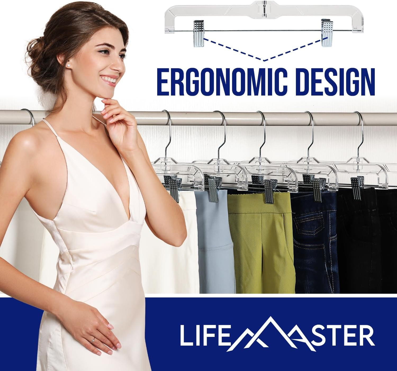 Lifemaster Clear Plastic Hangers - 50 Pieces 14 Inches Anti-Slip Space-Saving, Closet Organization Solution - Pants, Trousers, Skirts, Jeans Hangers with 360° Swivel Hook and Adjustable Clips - Clear