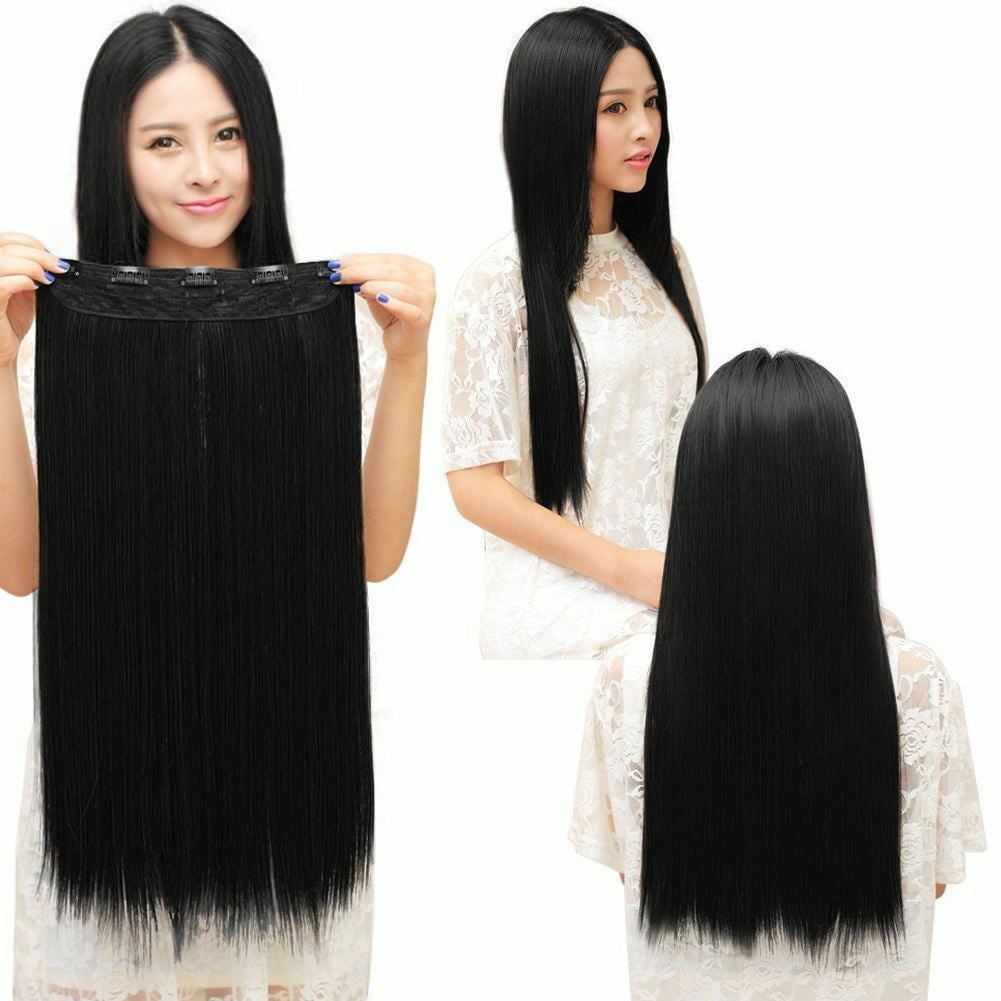 3/4 Full Head Hair Extensions Clip Straight Curly w/ 5 Clips, Long