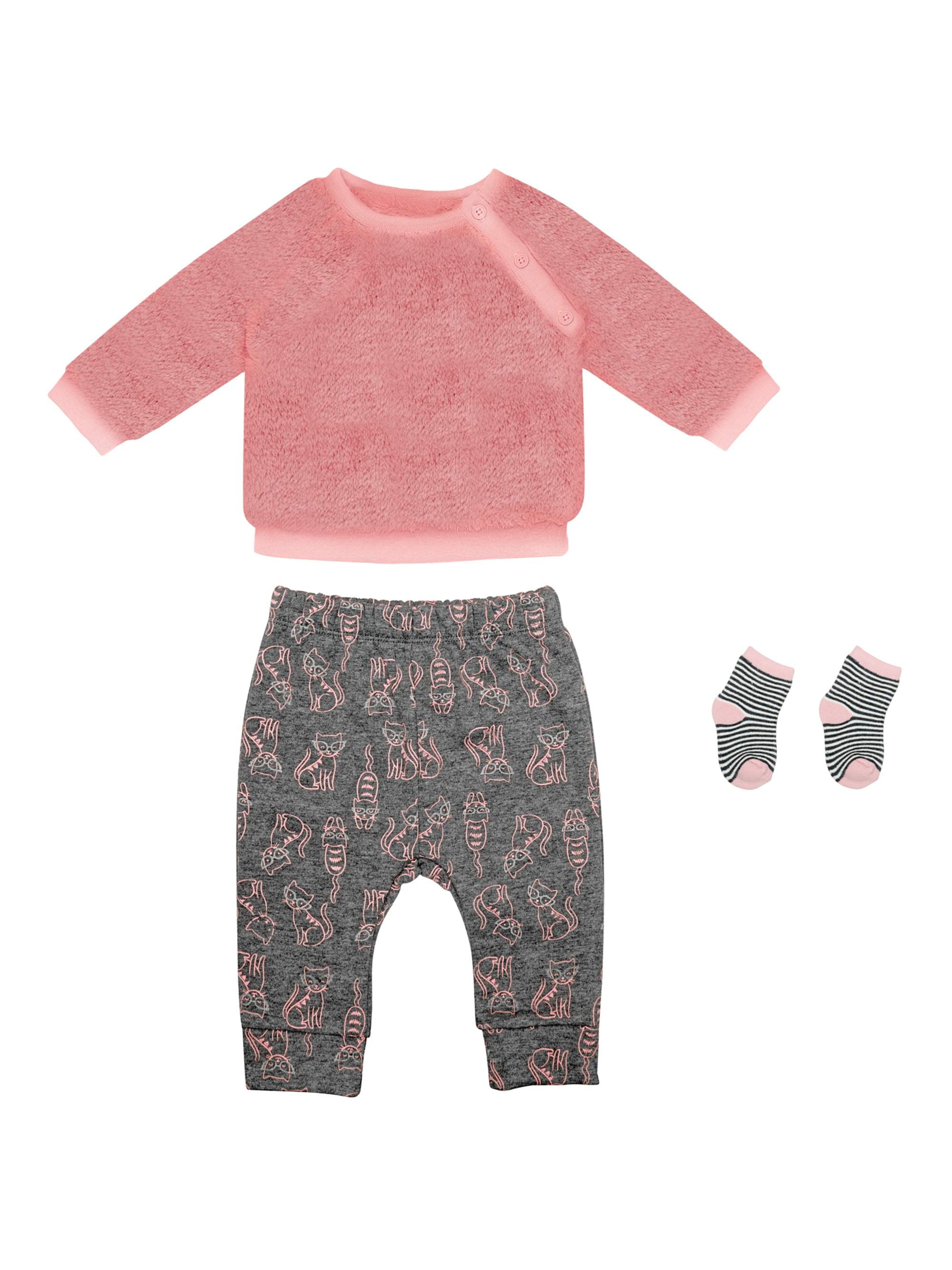 PL Baby PL Baby Sherpa Long Sleeve Top, Pant, & Socks, 3pc Outfit Set