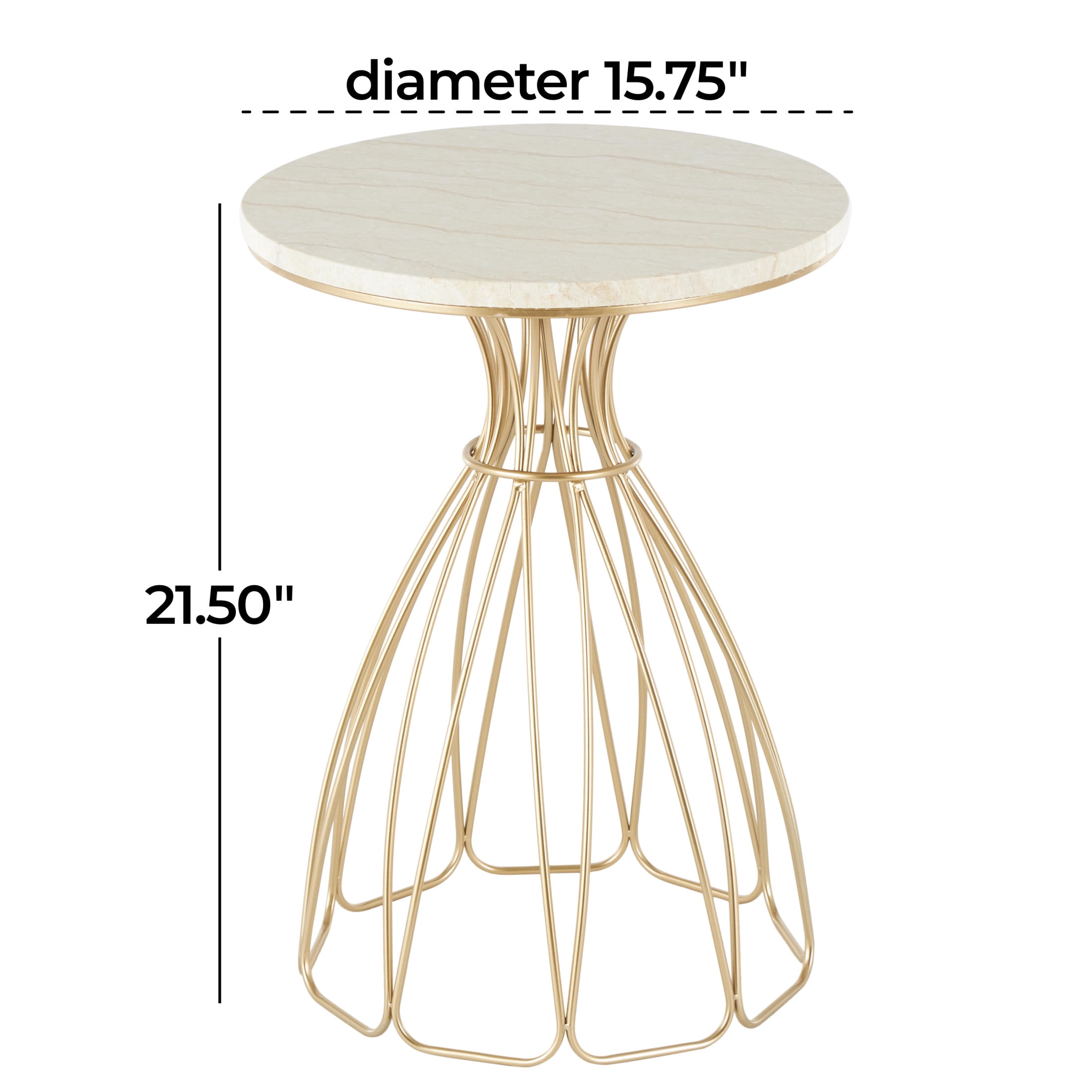 DecMode 16" x 22" Gold Metal Flower Inspired Accent Table with Cream Marble Tabletop, 1-Piece