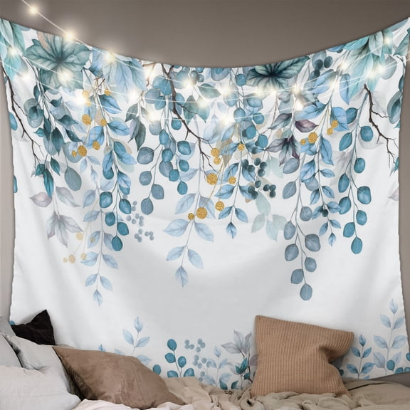 Blue Eucalyptus Leaves Tapestry for Bedroom Wall Hanging Tapestry, Farmhouse Watercolor Floral Ceiling Backdrop Tapestries Poster Blanket Wall Decor for Teens Room Living Room Dorm 59" x 79"