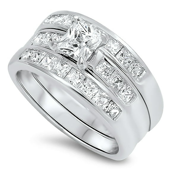 Princess Cut Trio Wedding Engagement Ring Set in Sterling Silver (Size 9)