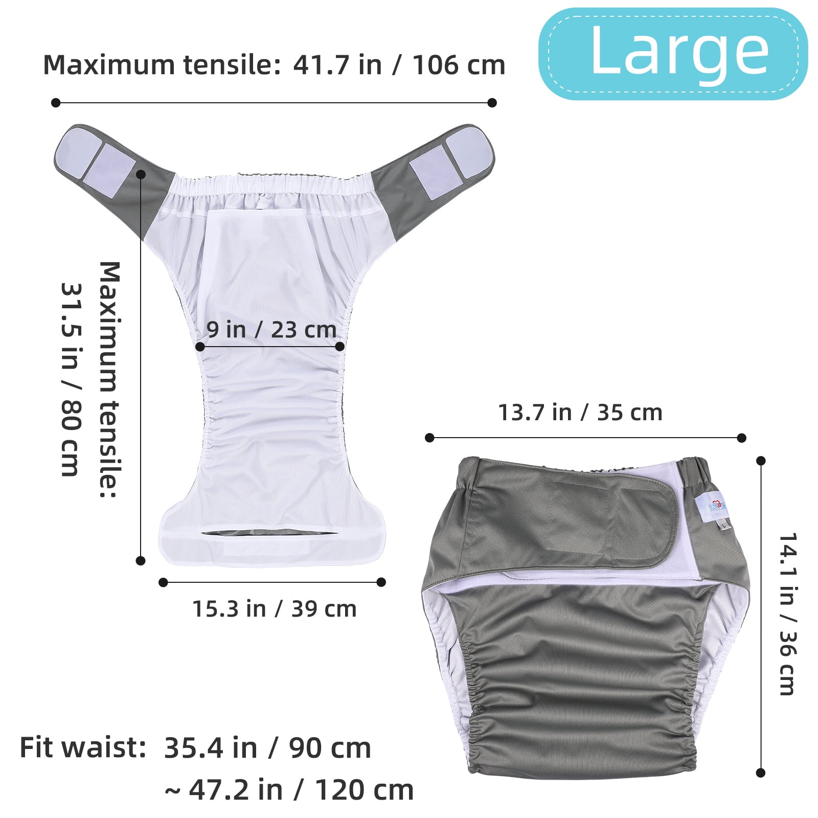 Adult Cloth Diaper Grey Reusable Washable for Elderly and Adult Use 5Pcs