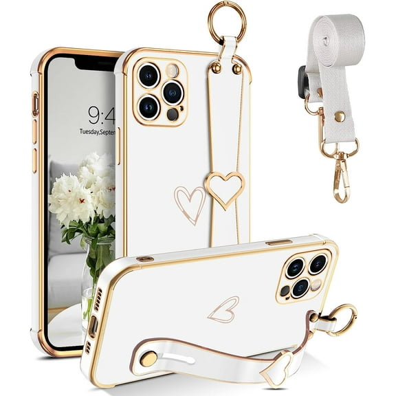 Compatible with iPhone 11 Pro, Phone Case for iPhone 11 Pro, Cute Heart Wristband Lanyard Cross Body Strap Electroplated Camera Protection Protective Case Girls for iPhone 11 Pro 5.8"-White