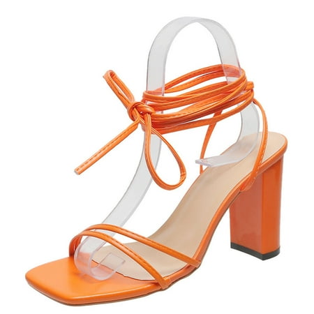 Nrmvnmi Women s High Heels Strappy Lace Up Open Toe Block Chunky Heel Sandals Summer Holiday Party Wedding Dress Pumps Shoes Orange Mothers Day Gifts