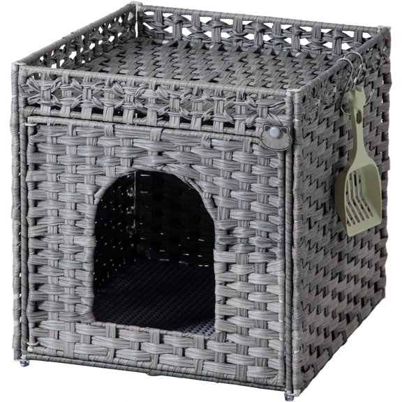 Litter Enclosure with  Litter Mat and Rattan  House, Supports Two Litter Boxes,  for  Room or  (Gray)