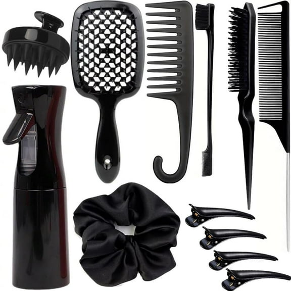 Square 13 Pcs Hair Brush Set, 3 Pieces Slick Back Hair Brushes for Toddlers, Women, Detangling Brush for Wet Dry Curly Hair, Edge Bristles Wide Tooth Rat Tail Combs for Baby Girls (Black)