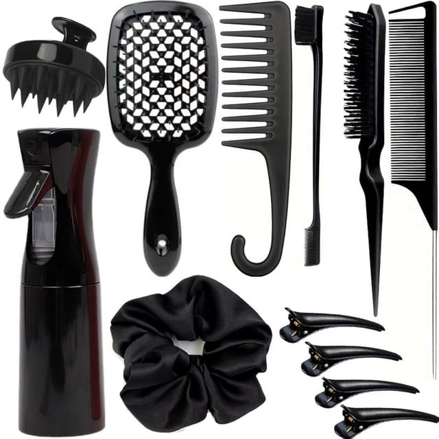 Juego de 12 cepillos para peinar el cabello con cepillos desenredantes para bordes de cola de rata y cepillos para el cabello de bebé, cerdas suaves para bebés y mujeres (negro)