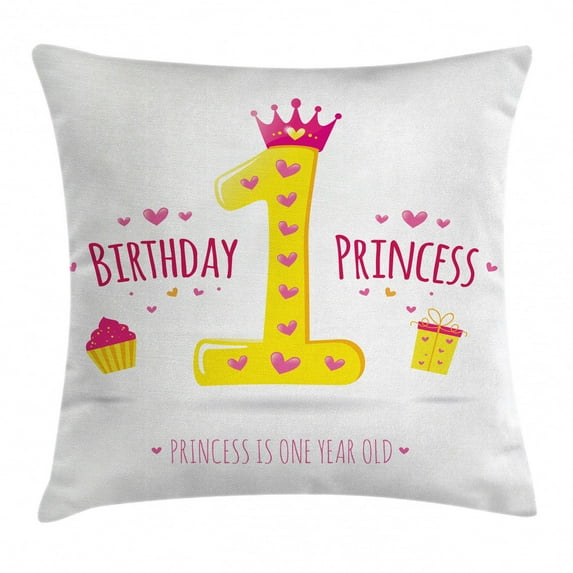 1st Birthday Decorations Throw Pillow Cushion Cover, Quote Design Princess Girl Theme Party with Hearts Image, Decorative Square Accent Pillow Case, 24 X 24 Inches, Yellow and Hot Pink, by Ambesonne