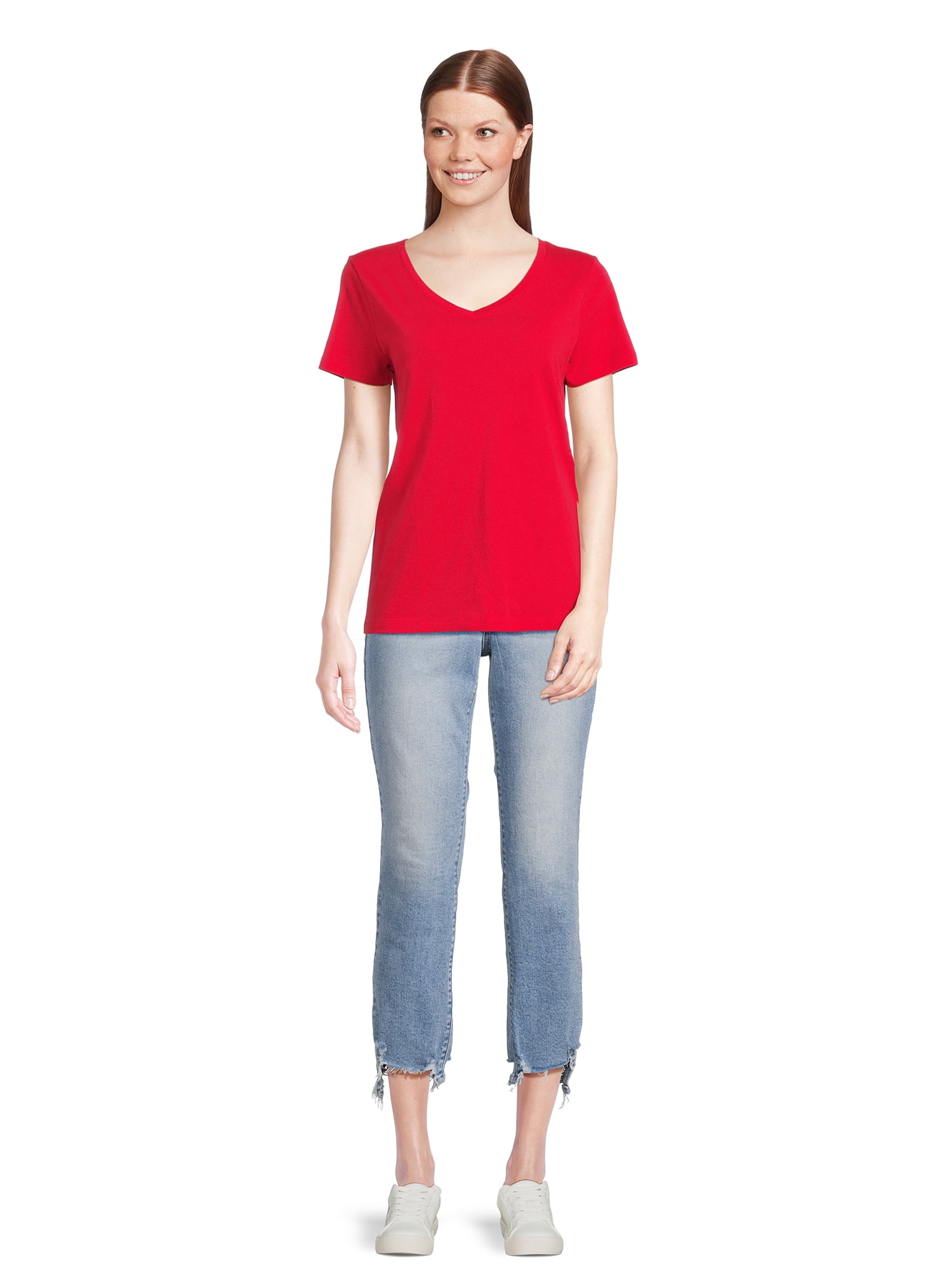 Time and Tru Women's Cotton V-Neck Tee with Short Sleeves, Sizes XS-4X
