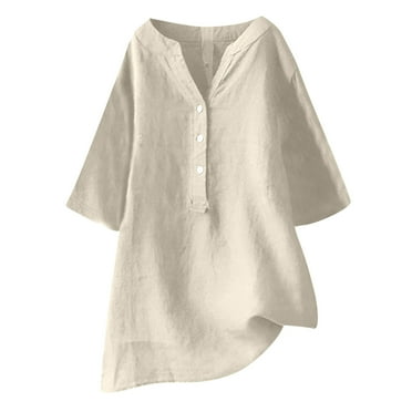 XIAfhje Tops for Women Clearance Cotton Linen Shirts Summer Casual Loose Half Sleeve T-Shirts Button Up V Neck Plus Size Basic Tunic Tee Shirts