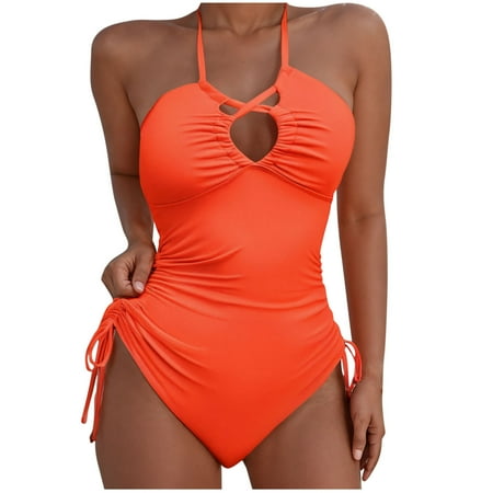 Bigersell Ruched One-Piece Swimsuits for Women Trendy 2025 Keyhole Bathing Suit with Padded Solid Halter Neck 1 Piece Swimsuit Beach Vacation Monokini Swimwear  Style SW-43  Orange  L
