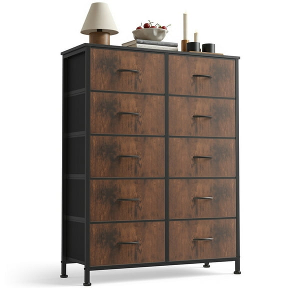 EDX Dresser for Bedroom with 10 Drawers, Tall Chest Organizer with Fabric Bins, Freestanding Storage Cabinet, Black-Brown