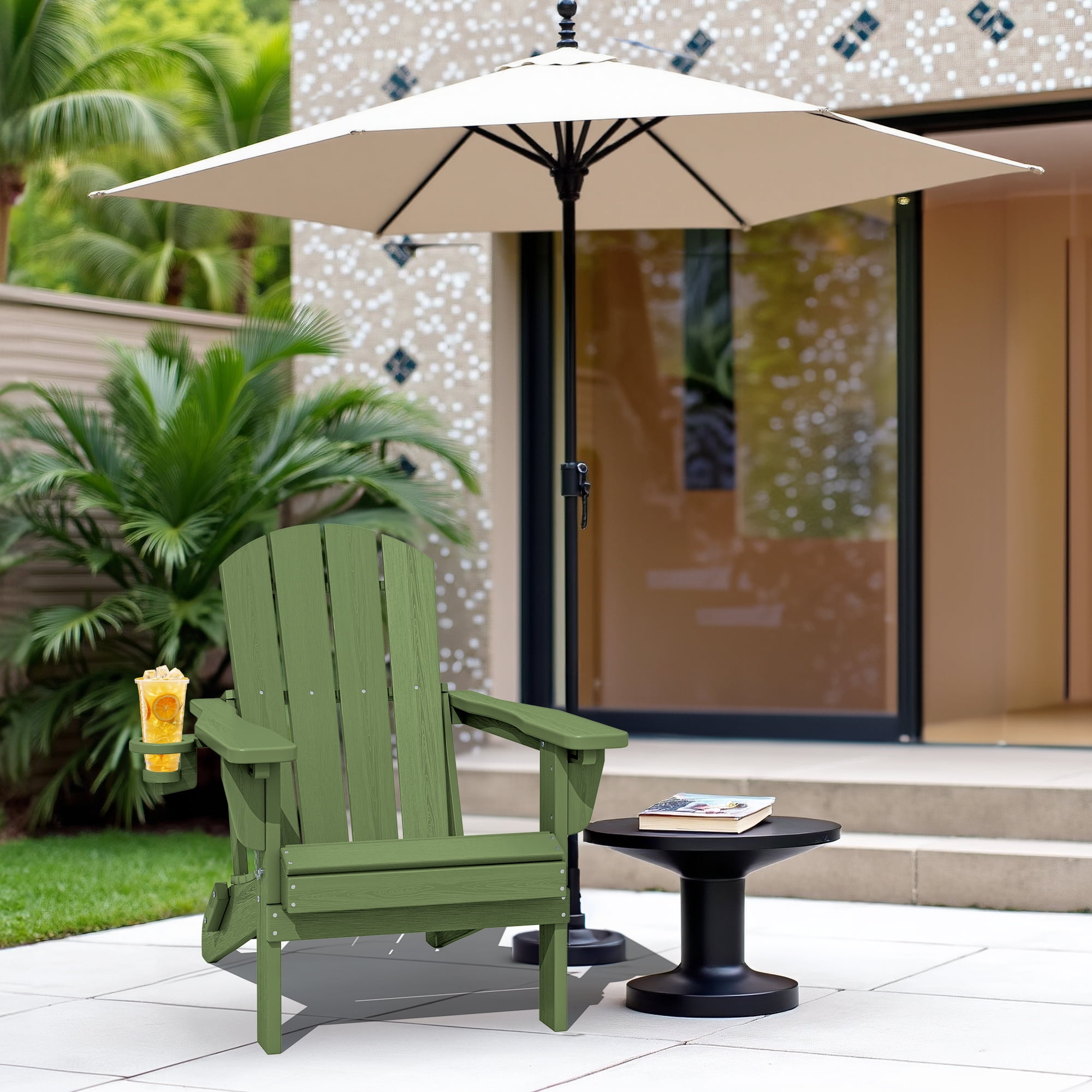 SERWALL Adjustable Folding HDPE Adirondack Chair Outdoor with Cup Holder, for Outdoor, Patio, Poolside, Garden, Avocado