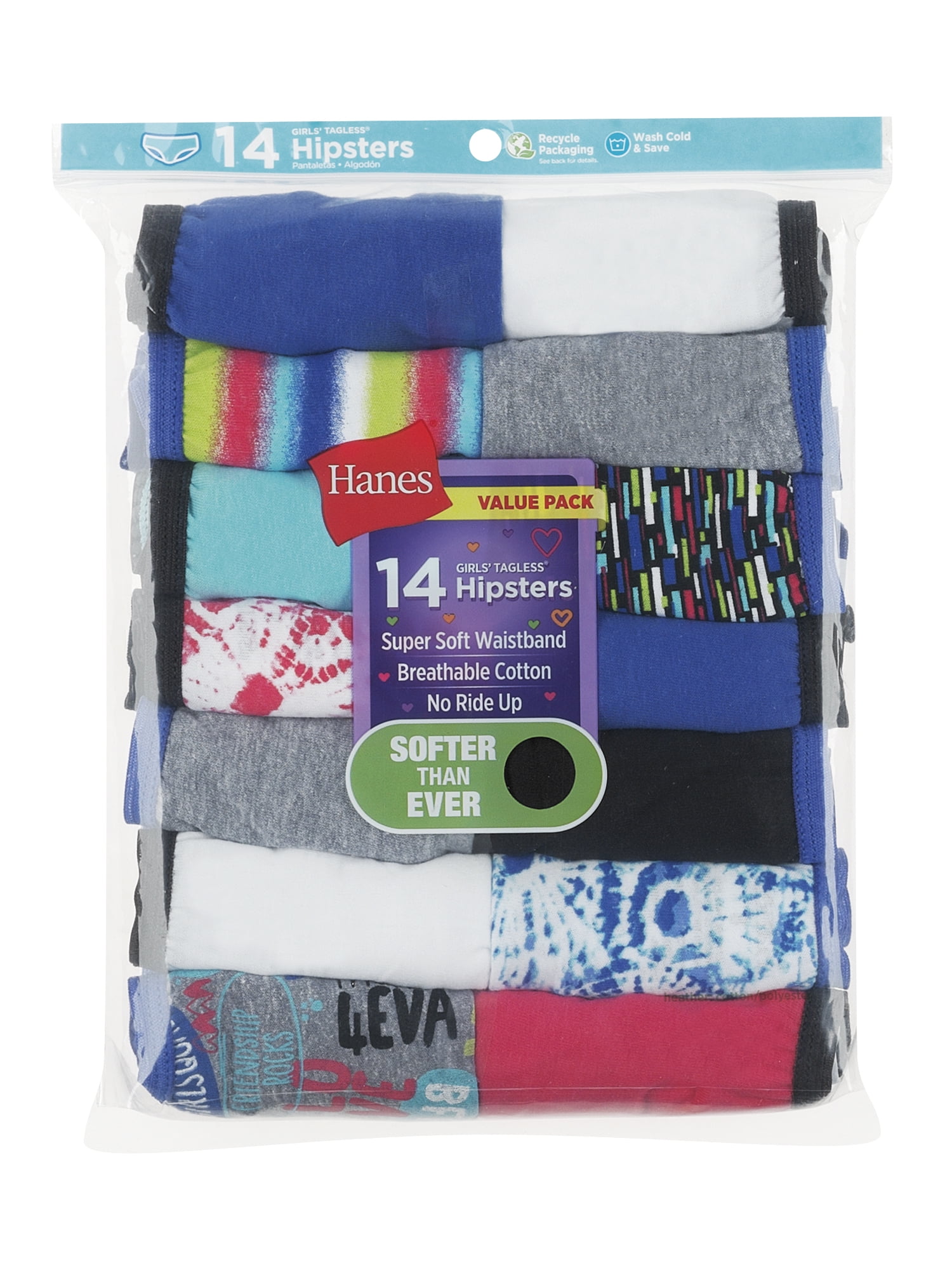 Hanes Girls Underwear, 14 Pack Hipster Tagless Super Soft Cotton Panties, Sizes 4-16