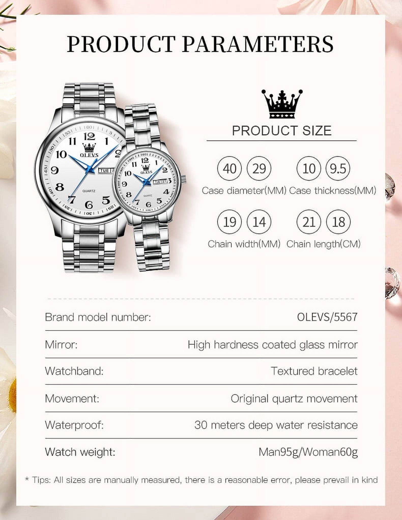 OLEVS Valentines Couple Pair Quartz Watches Luminous Calendar Date Window 3ATM Waterproof, Casual Stainless Steel His and Hers Wristwatch for Men Women Lovers Wedding Romantic Gifts Set of 2