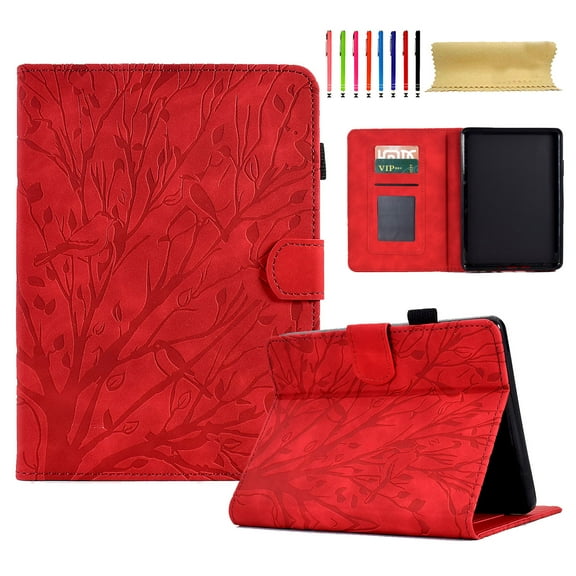 SaniMore Case for Kindle (6" 11th Generation, 2022 Release) (Model No. C2V2L3), PU leather Embossed Tree with Auto Sleep/Wake Pen Holder Card Slots Flip Folio Wallet Business Cover, Red