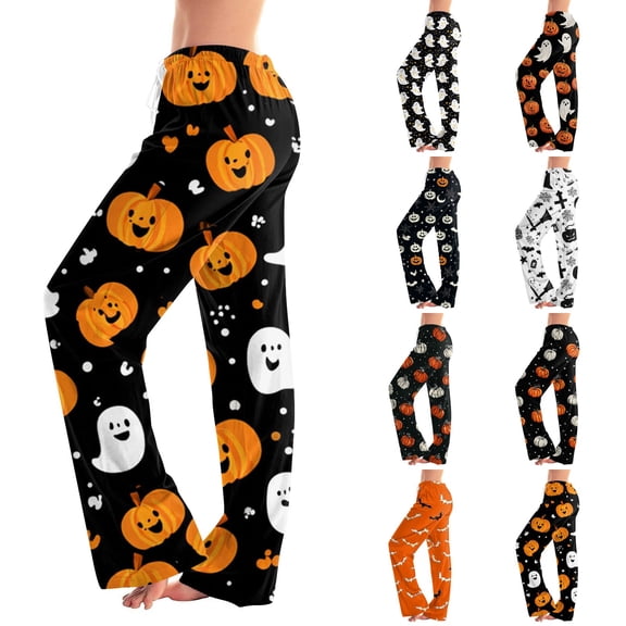 Zorvxlyn Halloween Womens Pajama Pants Ghost Pumpkin Spider Web Graphic Women's Pj Bottoms Drawstring Elastic Waist Comfy Lounge Pants Women