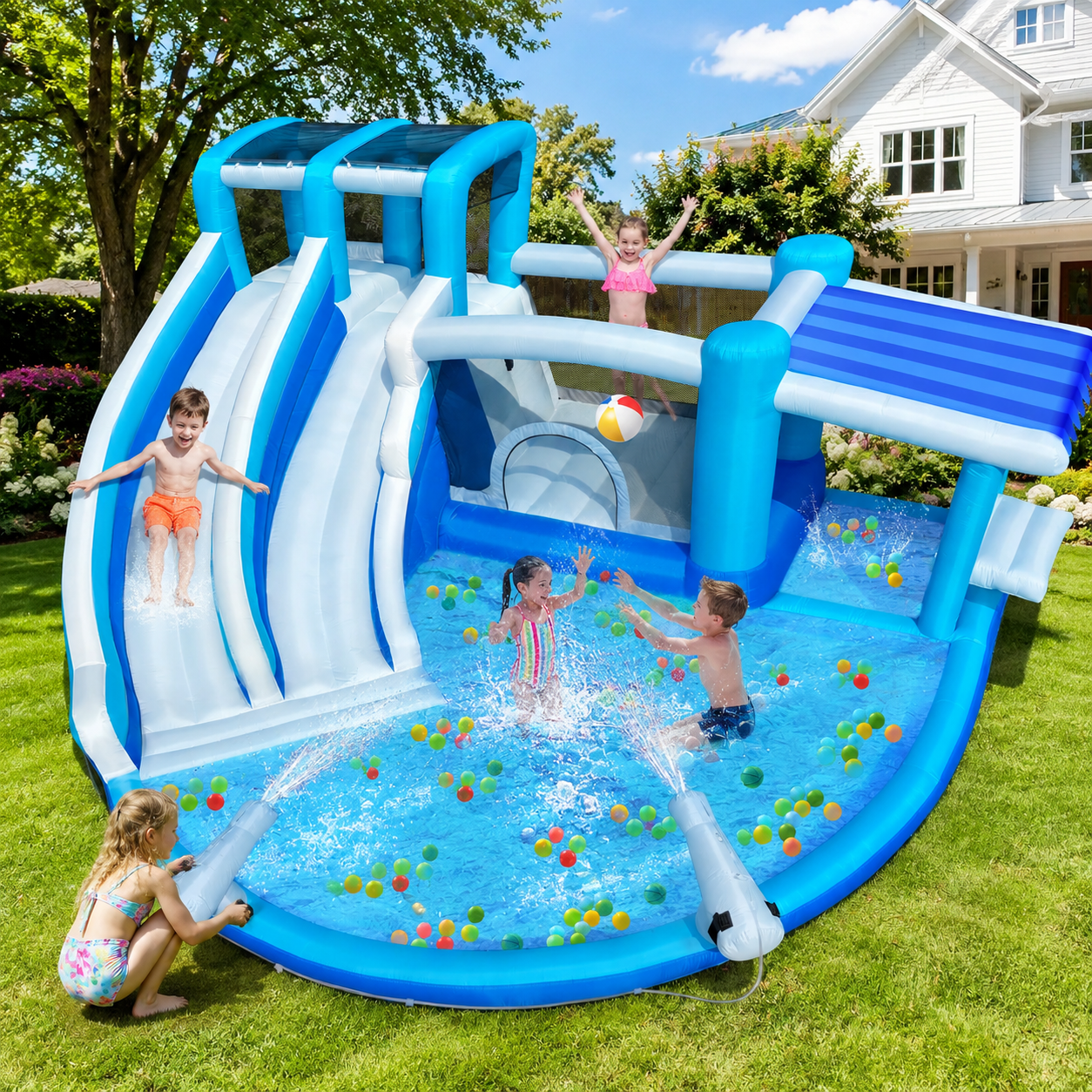 13.8 FT Inflatable Bounce House with Dual Water Slides, Splash Pool, Ball Pit and Blower Included, Blue
