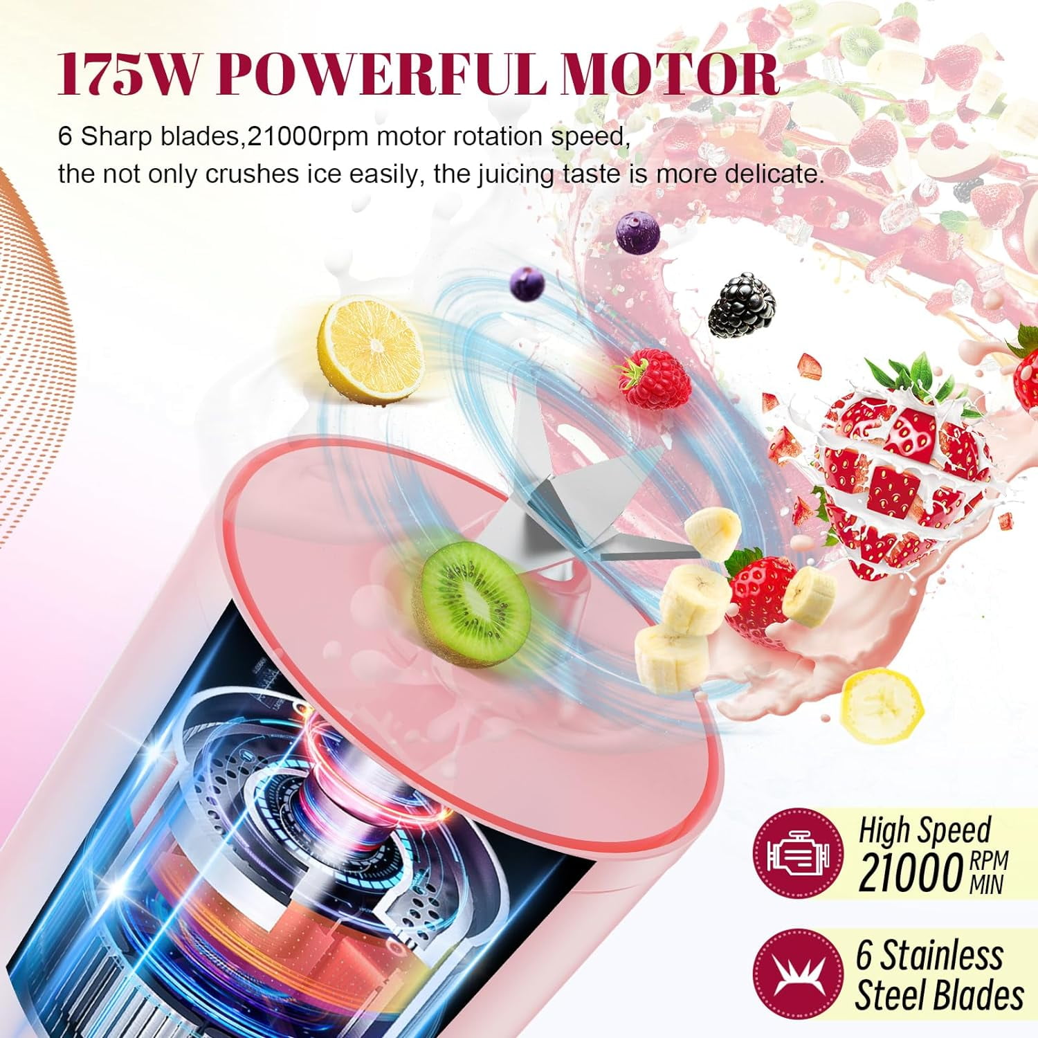 Portable Personal Blender 17 OZ/500 ML Juicer, 175W Size Blender, Ideal for Smoothies, Ice Blending, Juicing, and Food Processing, Compact, Convenient, Versatile (Pink)