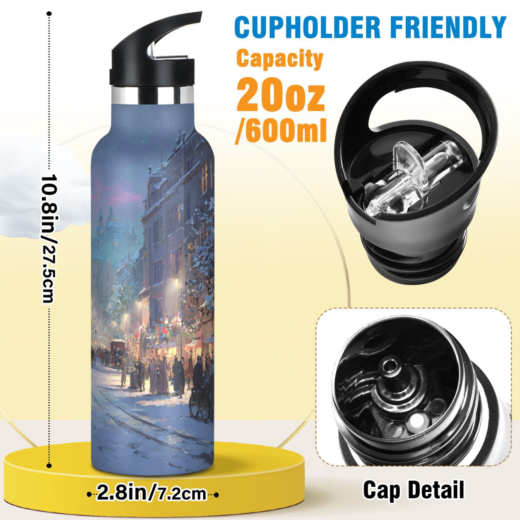 600ML Stainless Steel Insulated Cup Sports Water Bottle Portable Thermos Cup Water Glasses Insulated Tumblers Convenient and Durable Christmas Snow Scene